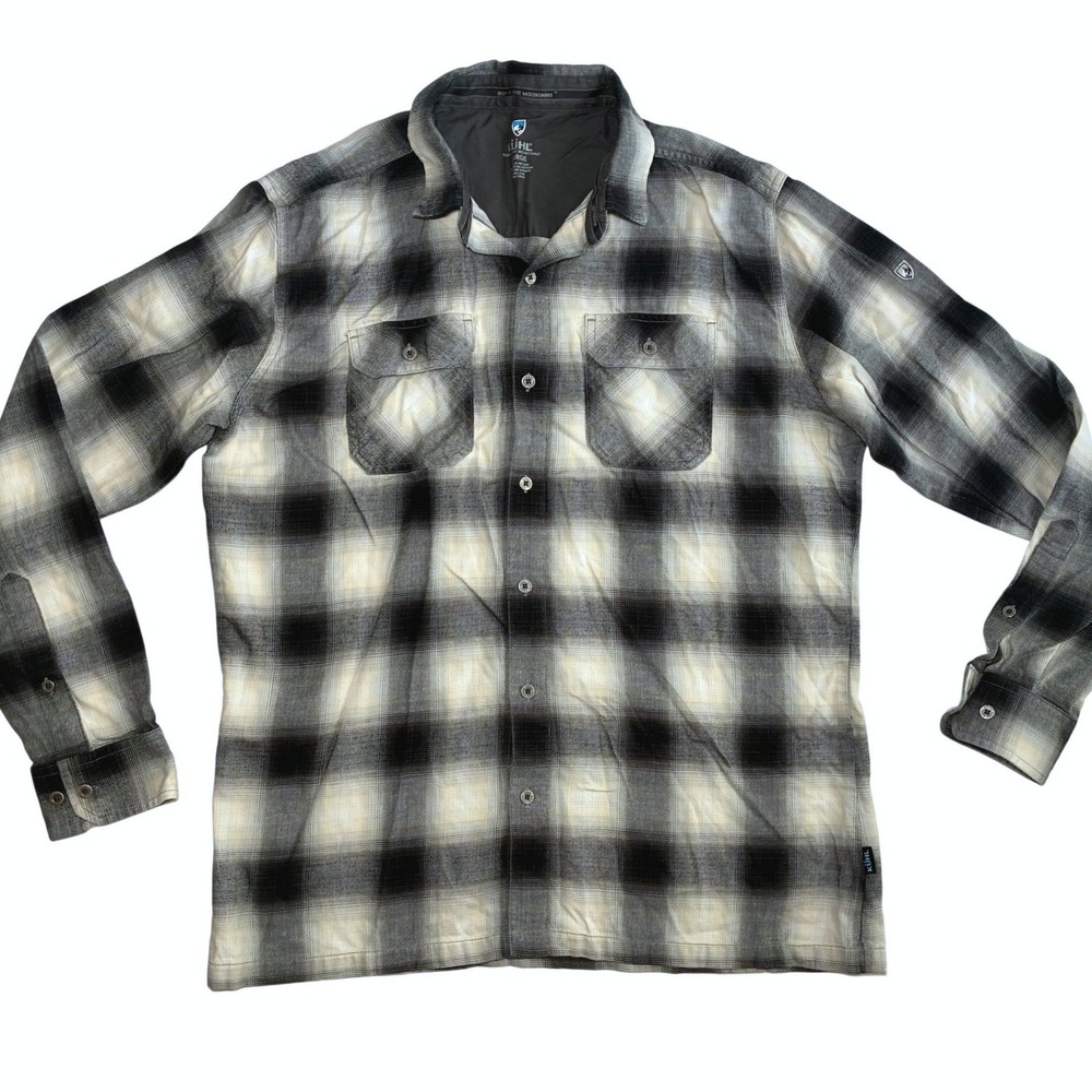 KUHL Dillingr Flannel Mens Large Plaid Button Down Shirt Gray Long Sleeve Gorp